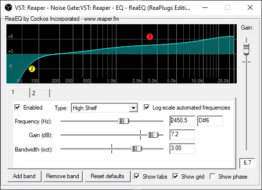 Reaper equalizer configuration, band 1