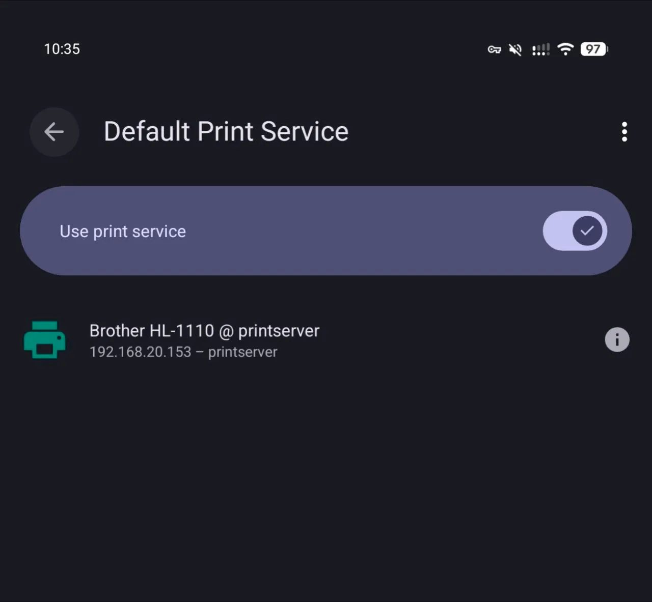 The networked printer listed under Android's Default Print Service