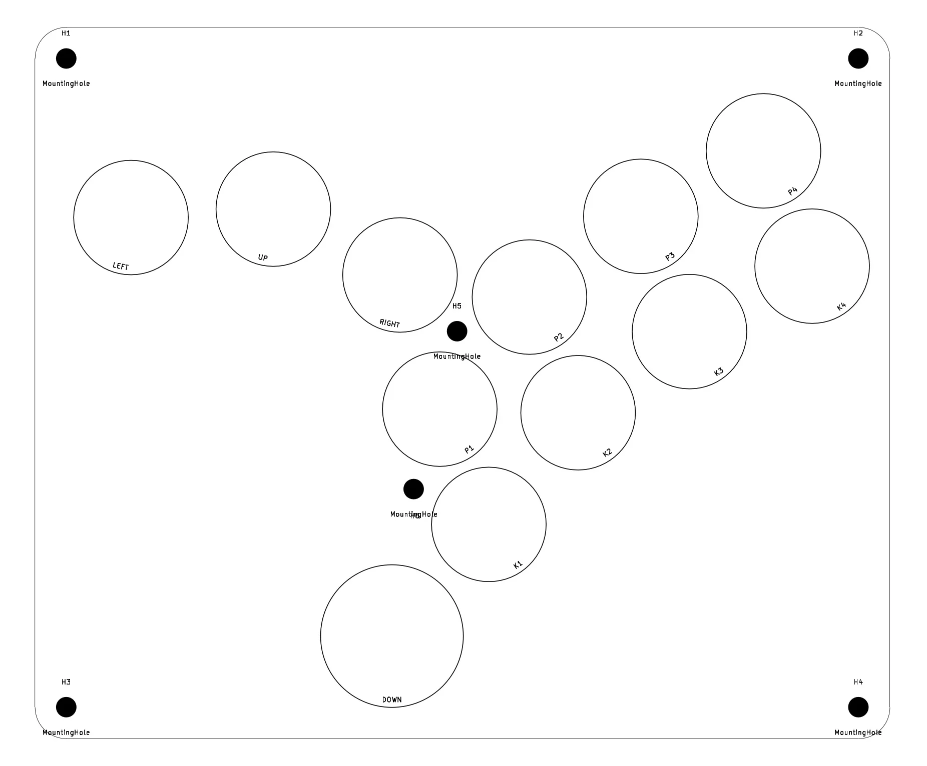 A photo of a fightstick layout, with buttons extremely angled towards the inside.
