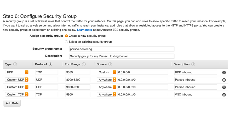 Parsec Host Server security group